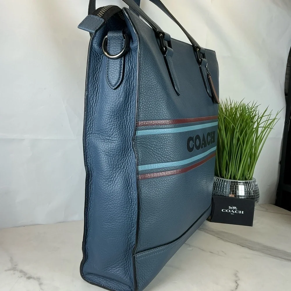 Coach Unisex Graham Stripe Blue‎ Leather Large Tote Shoulder Bag Work Laptop